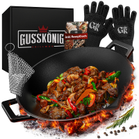 Чугунная сковорода WOK Gusskoenig 36 см + книга рецептов, жаростойкие перчатки, очиститель 170189